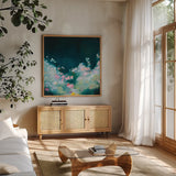 Midnight Serenade by Maggie Sackmann. Shown in a natural wood frame in a cozy modern living room. Available as an archival giclee rolled canvas, fine art paper, or poster print. SKU 101903a.