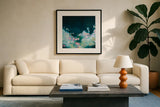 Midnight Serenade by Maggie Sackmann. Displayed in a glass frame with matte in a clean modern living room. Available as an archival giclee rolled canvas, fine art paper, or poster print. SKU 101903a.