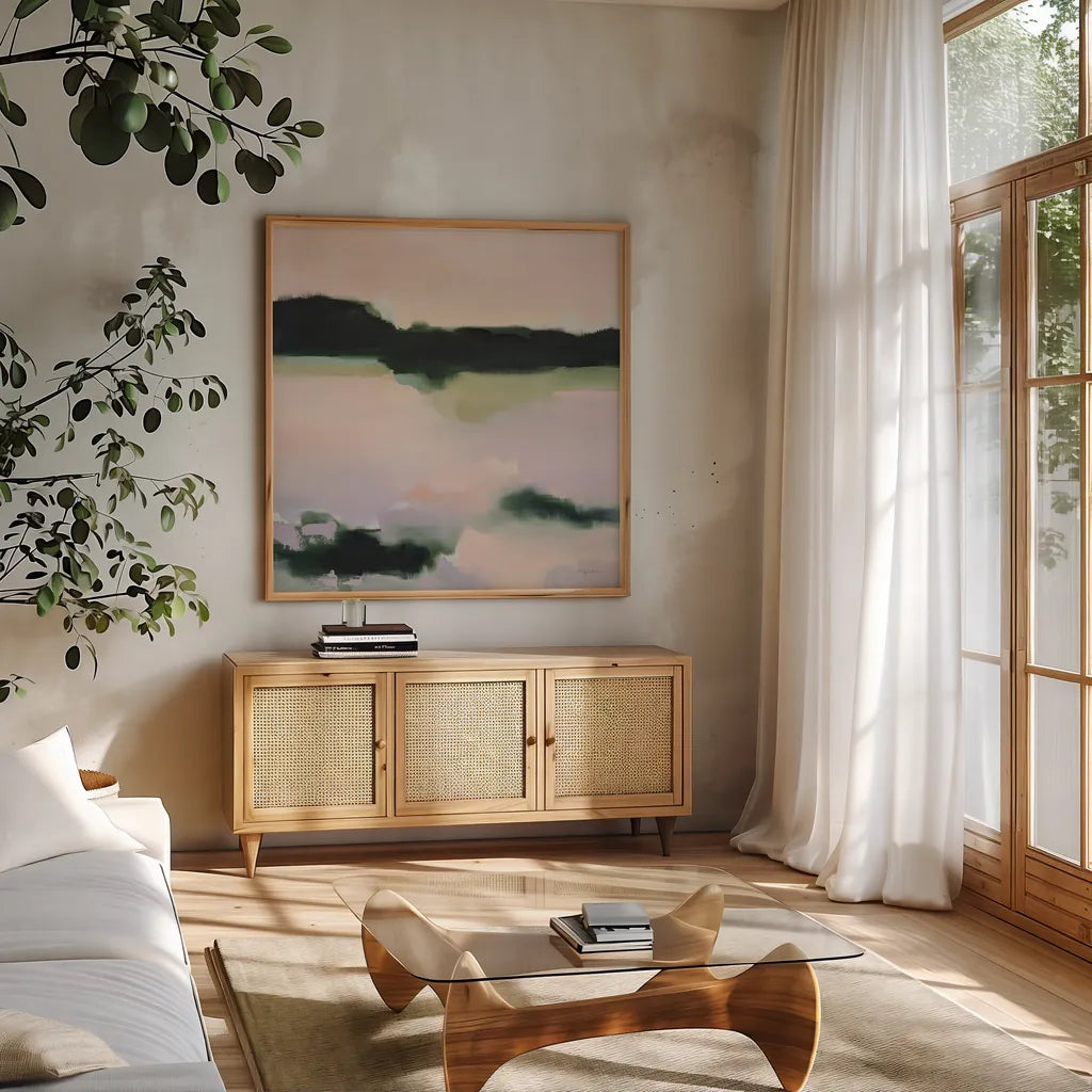 Reflections of Me by Maggie Sackmann. Shown in a natural wood frame in a cozy modern living room. Available as an archival giclee rolled canvas, fine art paper, or poster print. SKU 101913a.