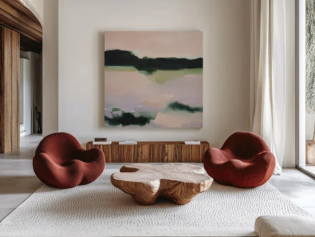 Reflections of Me by Maggie Sackmann. Shown as extra-large giant wall art in a modern living room. Available as an archival giclee rolled canvas, fine art paper, or poster print. SKU 101913a.