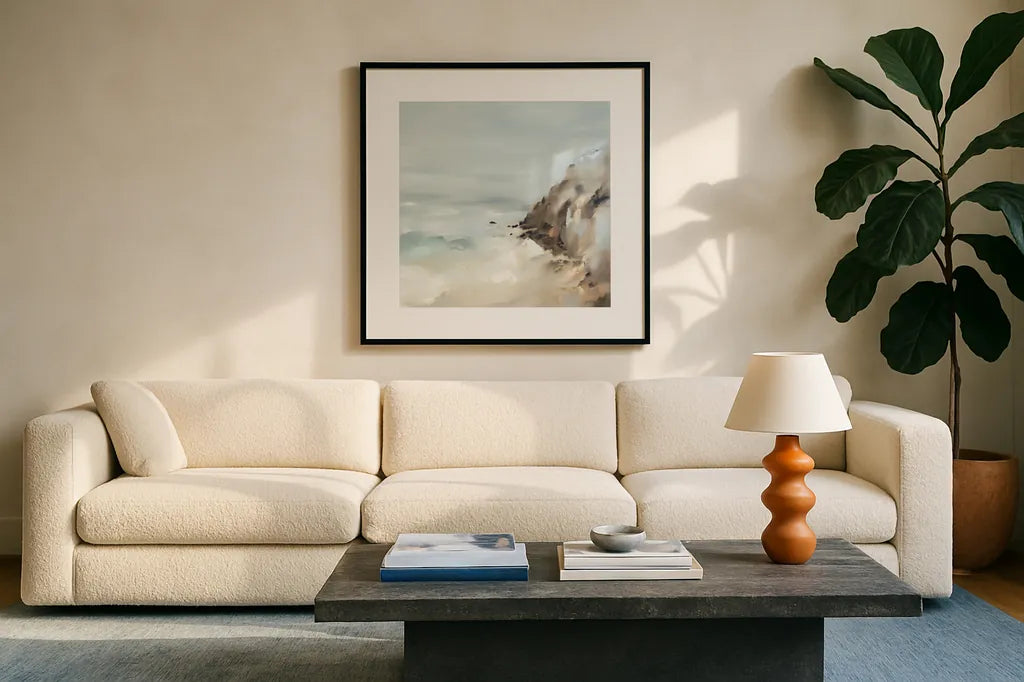 Salt and Stone by Maggie Sackmann. Displayed in a glass frame with matte in a clean modern living room. Available as an archival giclee rolled canvas, fine art paper, or poster print. SKU 101915a.