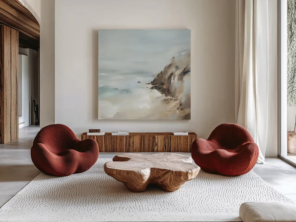 Salt and Stone by Maggie Sackmann. Shown as extra-large giant wall art in a modern living room. Available as an archival giclee rolled canvas, fine art paper, or poster print. SKU 101915a.
