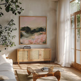 Spring Evening by Maggie Sackmann. Shown in a natural wood frame in a cozy modern living room. Available as an archival giclee rolled canvas, fine art paper, or poster print. SKU 101918a.