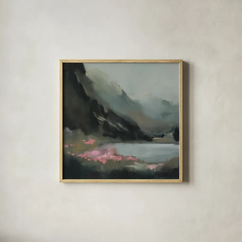 The Summits Promise by Maggie Sackmann. Shown in a natural wood glass frame for a timeless modern aesthetic. Available as an archival giclee rolled canvas, fine art paper, or poster print. SKU 101923a.