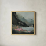 The Summits Promise by Maggie Sackmann. Shown in a natural wood glass frame for a timeless modern aesthetic. Available as an archival giclee rolled canvas, fine art paper, or poster print. SKU 101923a.
