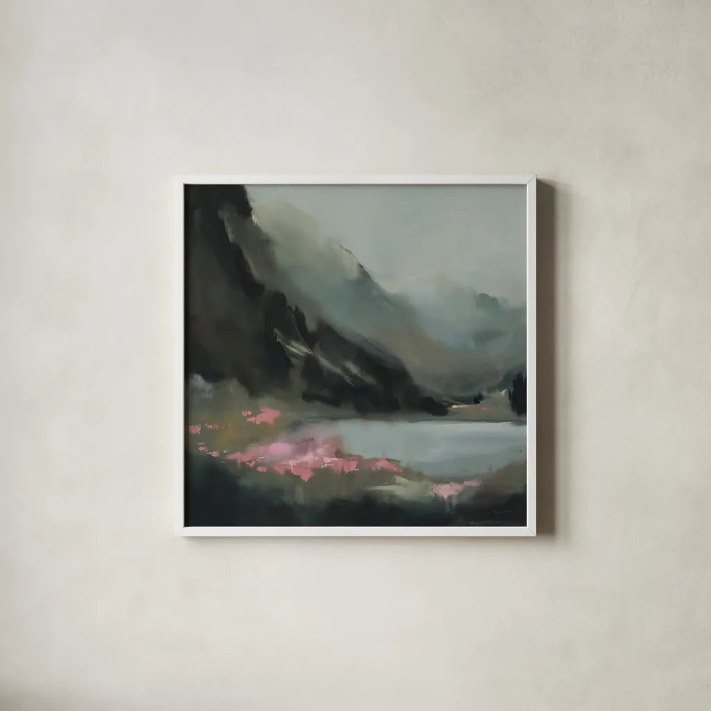 The Summits Promise by Maggie Sackmann. Shown in a crisp white glass frame for a clean and minimalist style. Available as an archival giclee rolled canvas, fine art paper, or poster print. SKU 101923a.