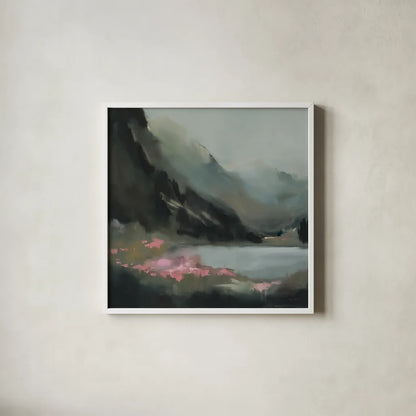 The Summits Promise by Maggie Sackmann. Shown in a crisp white glass frame for a clean and minimalist style. Available as an archival giclee rolled canvas, fine art paper, or poster print. SKU 101923a.