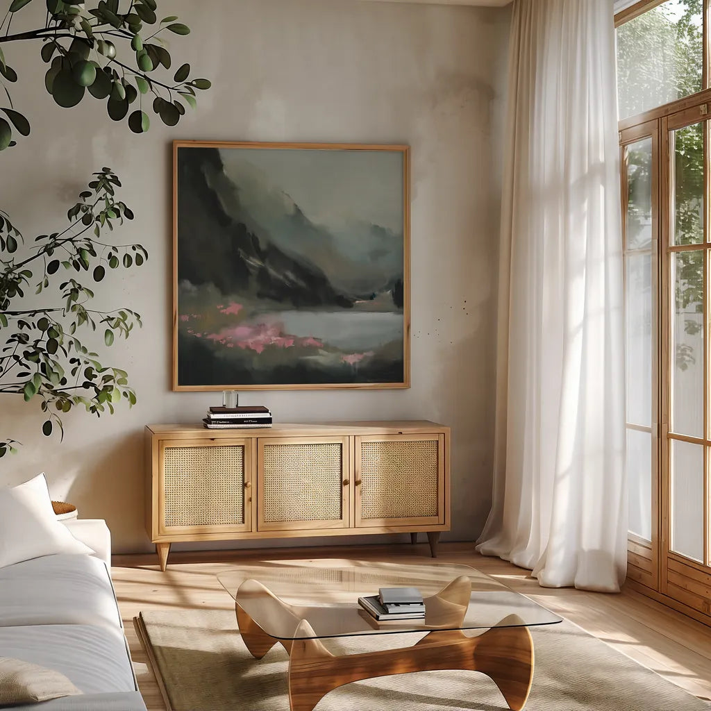 The Summits Promise by Maggie Sackmann. Shown in a natural wood frame in a cozy modern living room. Available as an archival giclee rolled canvas, fine art paper, or poster print. SKU 101923a.