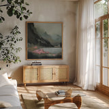The Summits Promise by Maggie Sackmann. Shown in a natural wood frame in a cozy modern living room. Available as an archival giclee rolled canvas, fine art paper, or poster print. SKU 101923a.