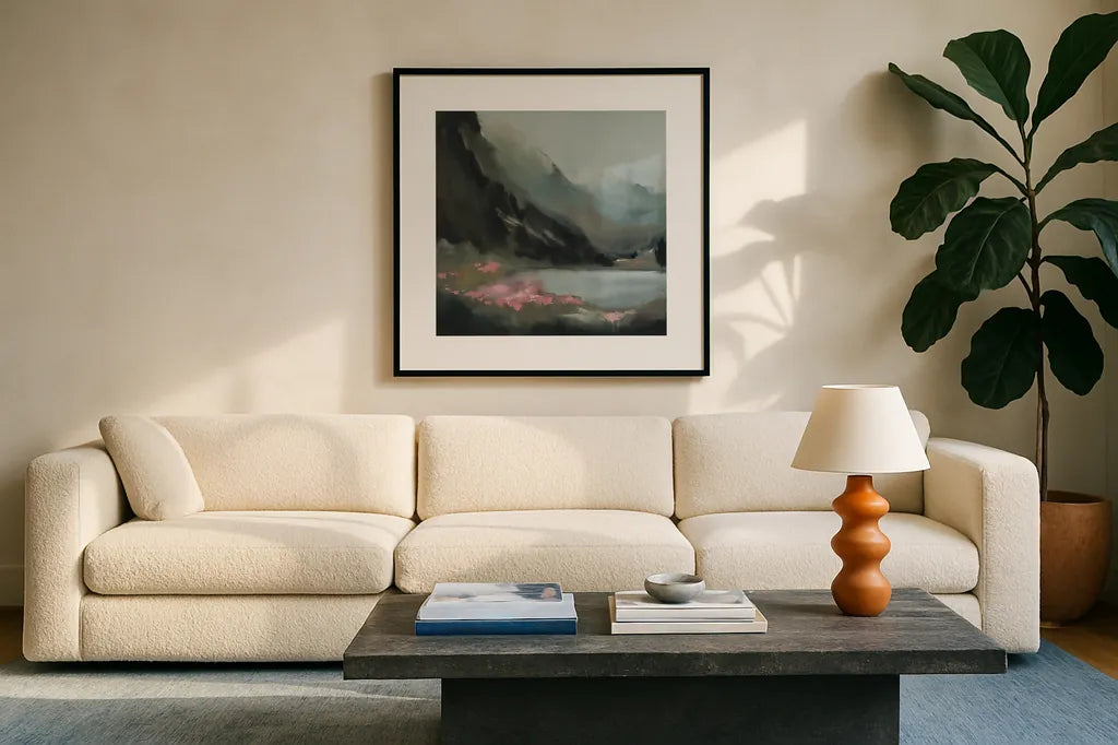The Summits Promise by Maggie Sackmann. Displayed in a glass frame with matte in a clean modern living room. Available as an archival giclee rolled canvas, fine art paper, or poster print. SKU 101923a.