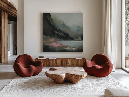 The Summits Promise by Maggie Sackmann. Shown as extra-large giant wall art in a modern living room. Available as an archival giclee rolled canvas, fine art paper, or poster print. SKU 101923a.