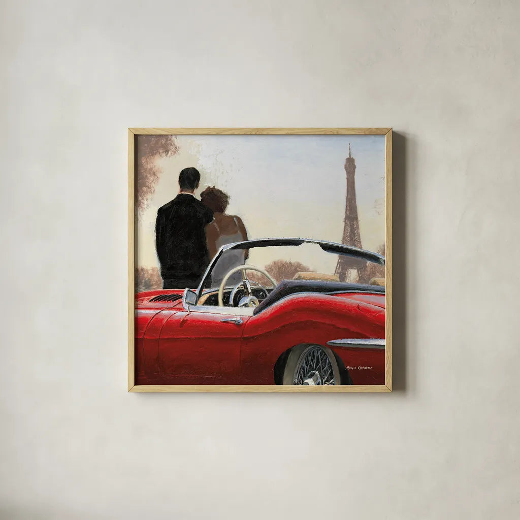 A Ride in Paris I Crop by Marco Fabiano. Shown in a natural wood glass frame for a timeless modern aesthetic. Available as an archival giclee rolled canvas, fine art paper, or poster print. SKU 14899a.