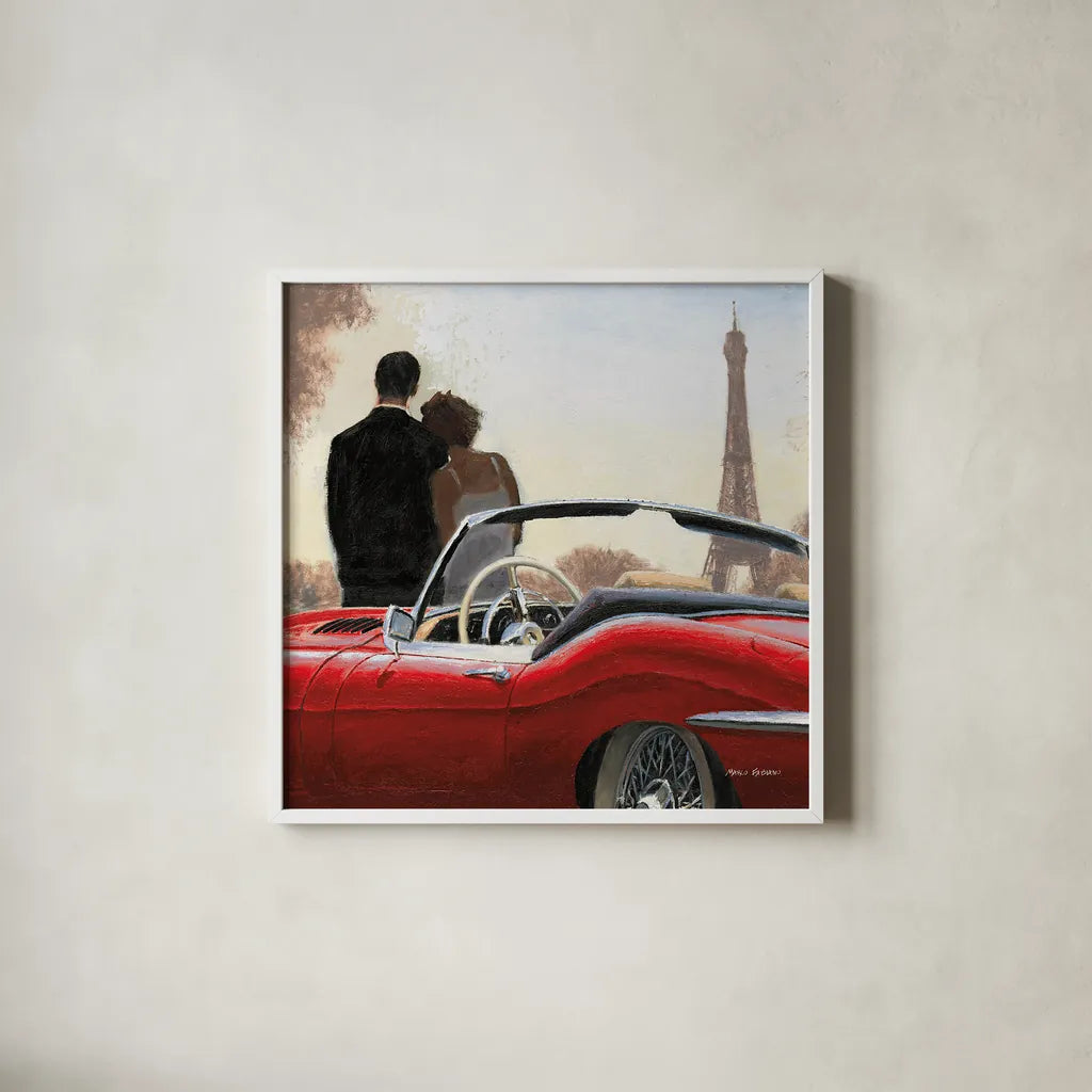 A Ride in Paris I Crop by Marco Fabiano. Shown in a crisp white glass frame for a clean and minimalist style. Available as an archival giclee rolled canvas, fine art paper, or poster print. SKU 14899a.