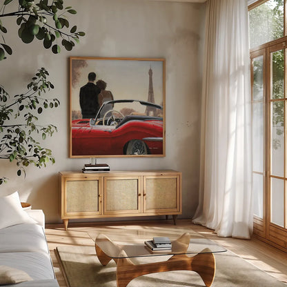 A Ride in Paris I Crop by Marco Fabiano. Shown in a natural wood frame in a cozy modern living room. Available as an archival giclee rolled canvas, fine art paper, or poster print. SKU 14899a.