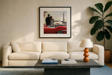 A Ride in Paris I Crop by Marco Fabiano. Displayed in a glass frame with matte in a clean modern living room. Available as an archival giclee rolled canvas, fine art paper, or poster print. SKU 14899a.