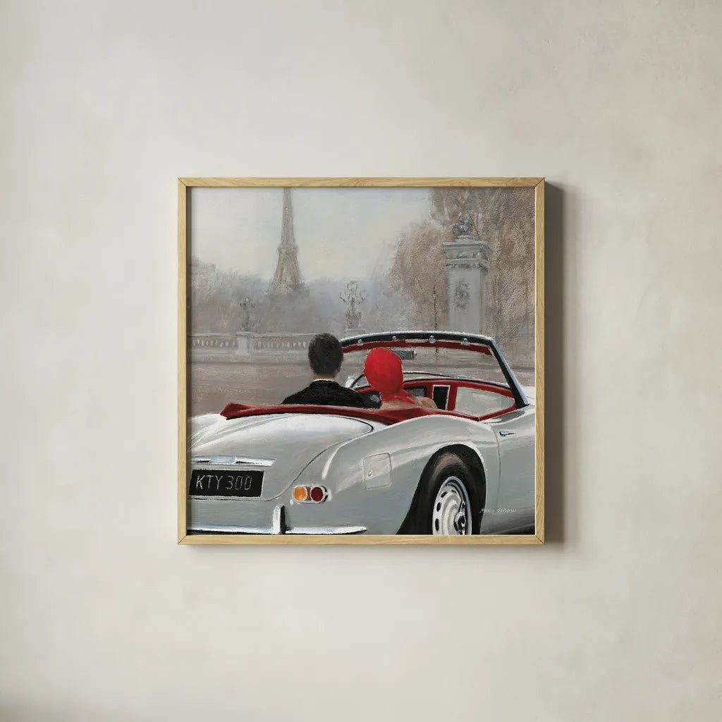 A Ride in Paris II Crop by Marco Fabiano. Shown in a natural wood glass frame for a timeless modern aesthetic. Available as an archival giclee rolled canvas, fine art paper, or poster print. SKU 14900a.