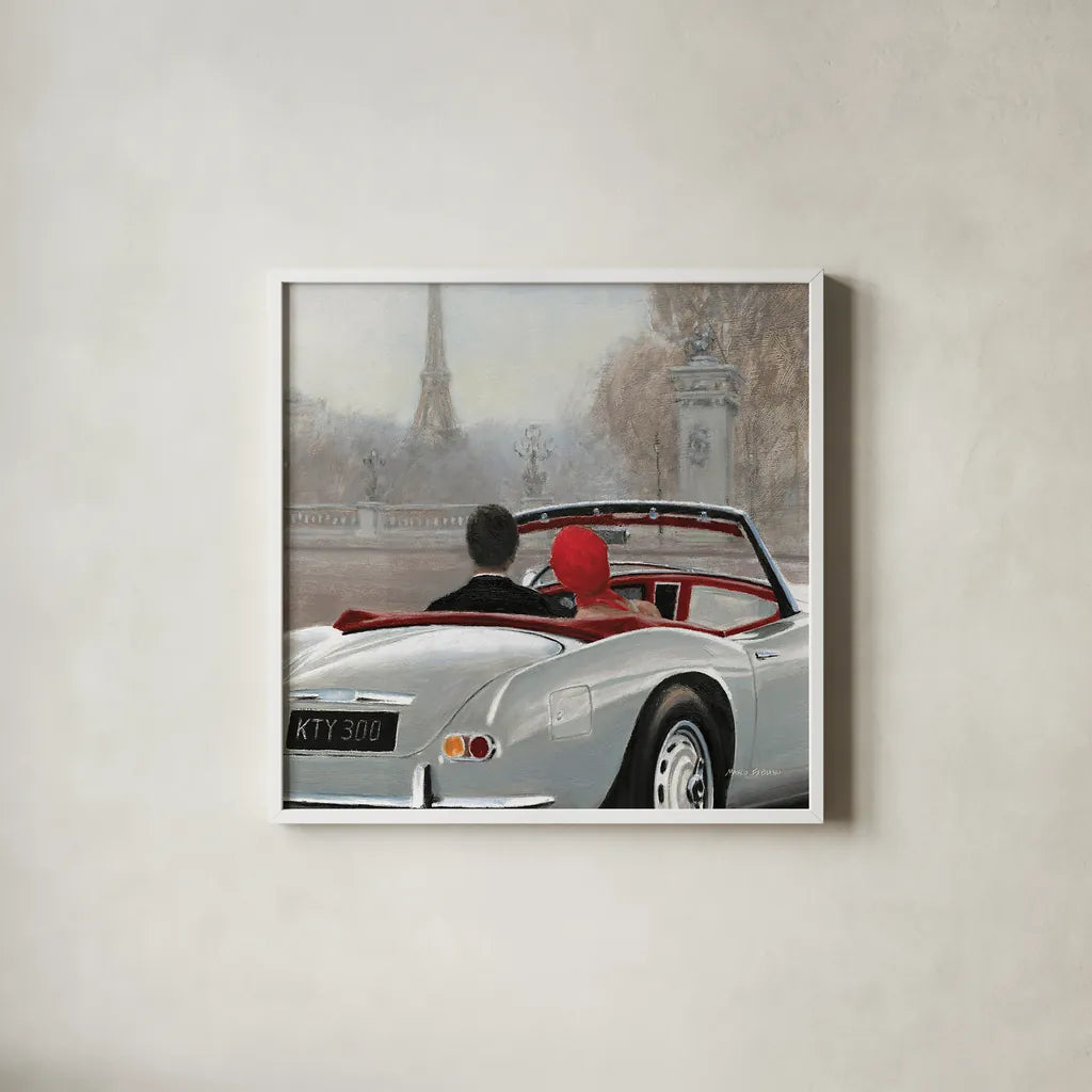 A Ride in Paris II Crop by Marco Fabiano. Shown in a crisp white glass frame for a clean and minimalist style. Available as an archival giclee rolled canvas, fine art paper, or poster print. SKU 14900a.