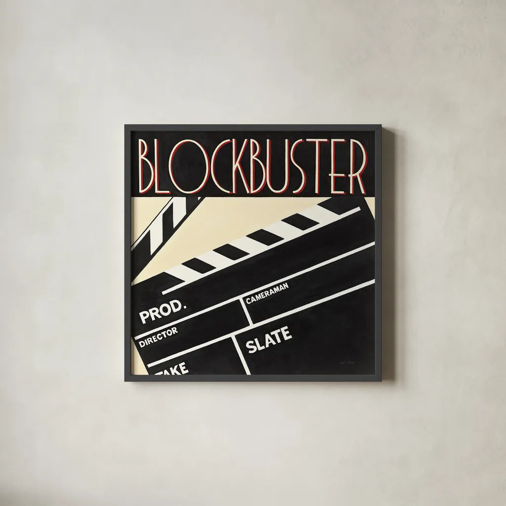 Blockbuster by Marco Fabiano. Shown in a sleek black glass frame for a contemporary gallery look. Available as an archival giclee rolled canvas, fine art paper, or poster print. SKU 12598a.