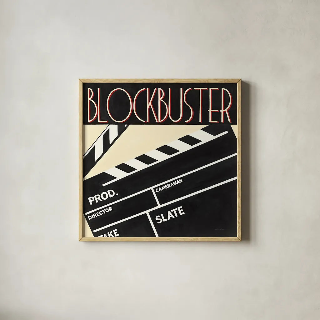 Blockbuster by Marco Fabiano. Shown in a natural wood glass frame for a timeless modern aesthetic. Available as an archival giclee rolled canvas, fine art paper, or poster print. SKU 12598a.