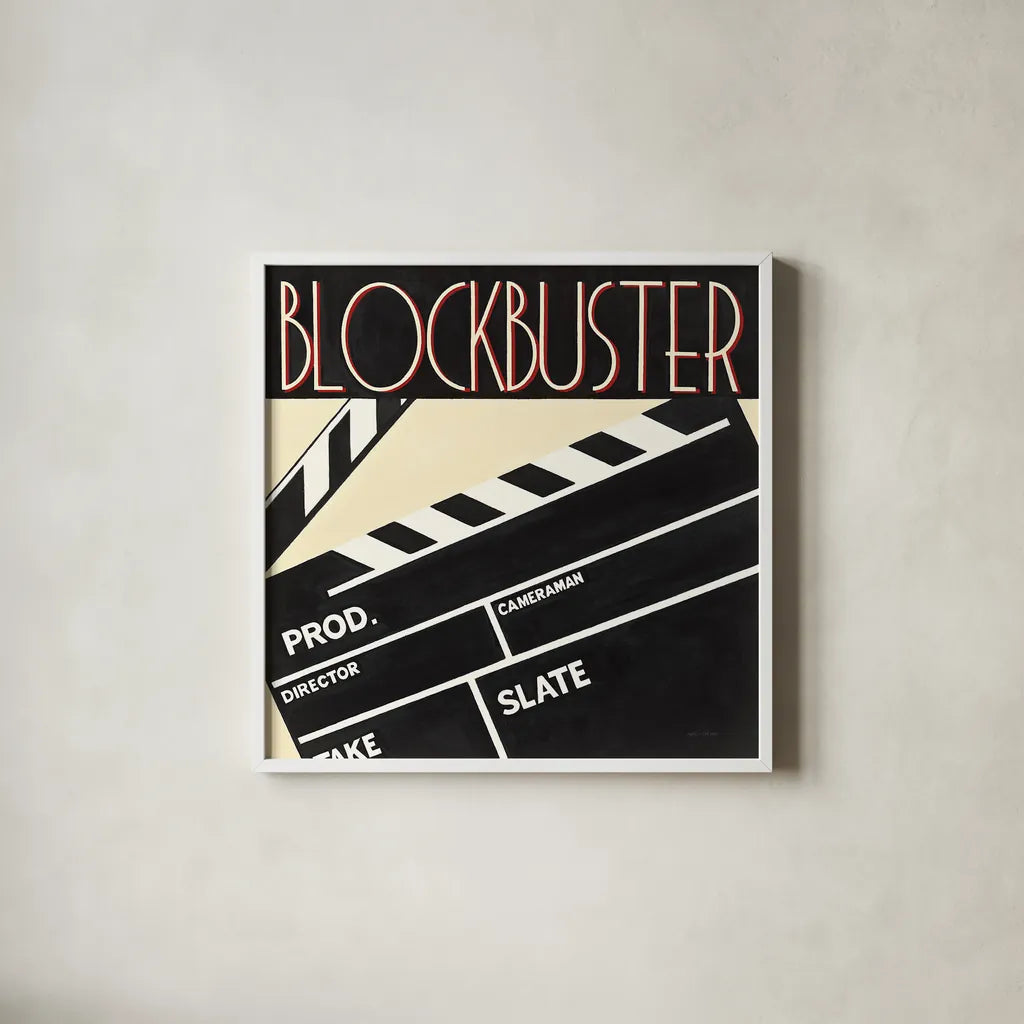 Blockbuster by Marco Fabiano. Shown in a crisp white glass frame for a clean and minimalist style. Available as an archival giclee rolled canvas, fine art paper, or poster print. SKU 12598a.