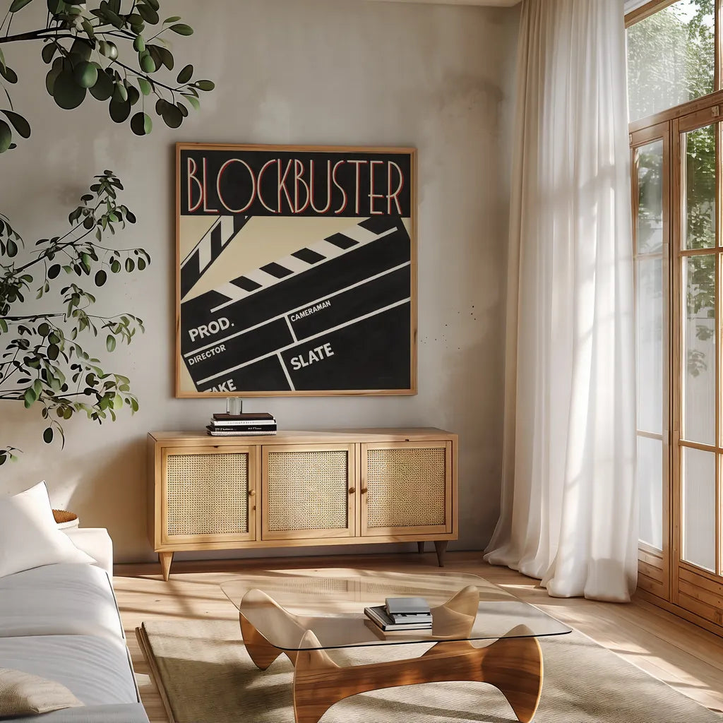 Blockbuster by Marco Fabiano. Shown in a natural wood frame in a cozy modern living room. Available as an archival giclee rolled canvas, fine art paper, or poster print. SKU 12598a.
