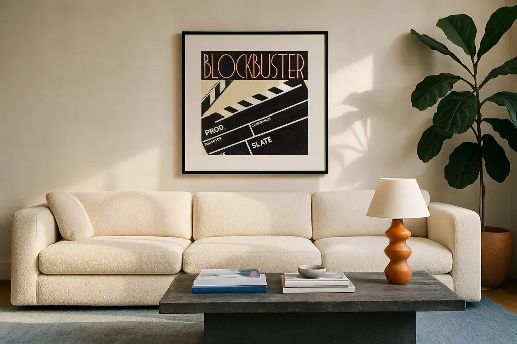 Blockbuster by Marco Fabiano. Displayed in a glass frame with matte in a clean modern living room. Available as an archival giclee rolled canvas, fine art paper, or poster print. SKU 12598a.