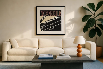 Blockbuster by Marco Fabiano. Displayed in a glass frame with matte in a clean modern living room. Available as an archival giclee rolled canvas, fine art paper, or poster print. SKU 12598a.