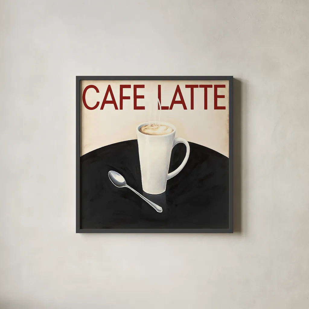 Cafe Moderne I by Marco Fabiano. Shown in a sleek black glass frame for a contemporary gallery look. Available as an archival giclee rolled canvas, fine art paper, or poster print. SKU 10657a.