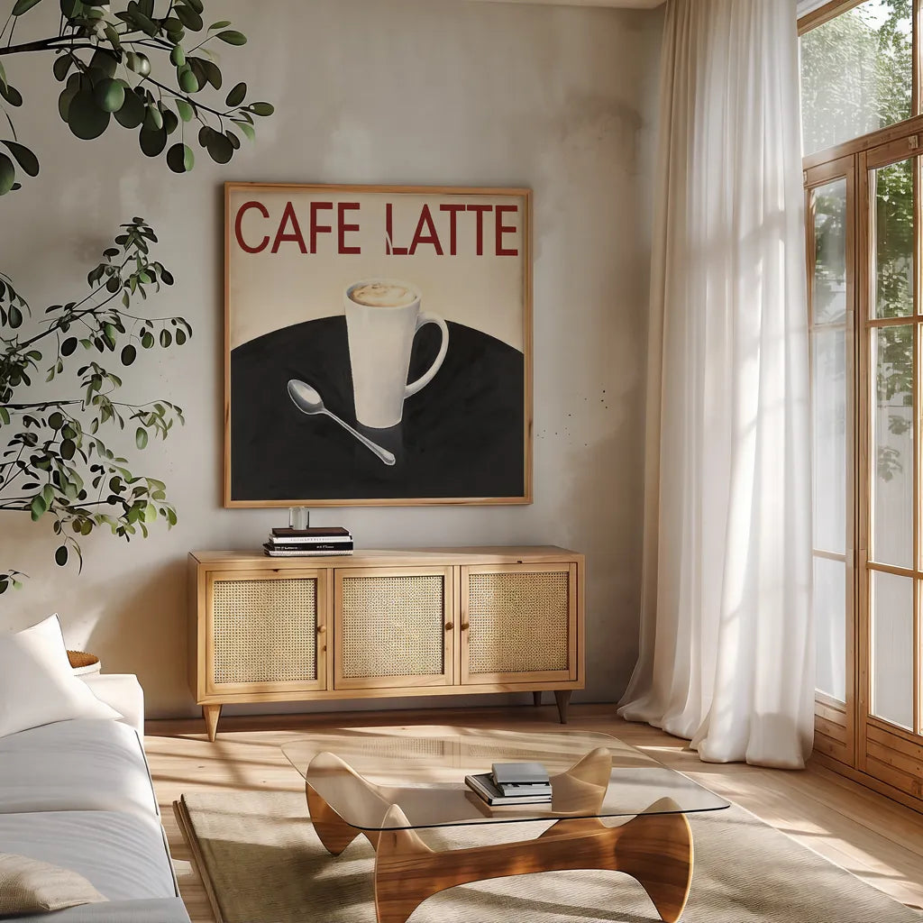 Cafe Moderne I by Marco Fabiano. Shown in a natural wood frame in a cozy modern living room. Available as an archival giclee rolled canvas, fine art paper, or poster print. SKU 10657a.