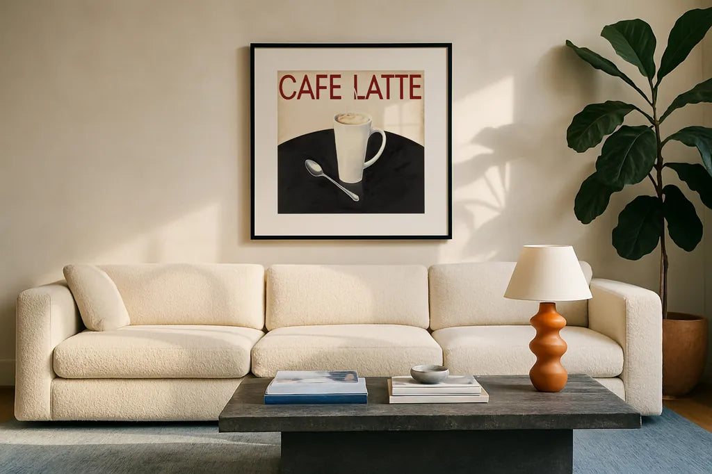 Cafe Moderne I by Marco Fabiano. Displayed in a glass frame with matte in a clean modern living room. Available as an archival giclee rolled canvas, fine art paper, or poster print. SKU 10657a.