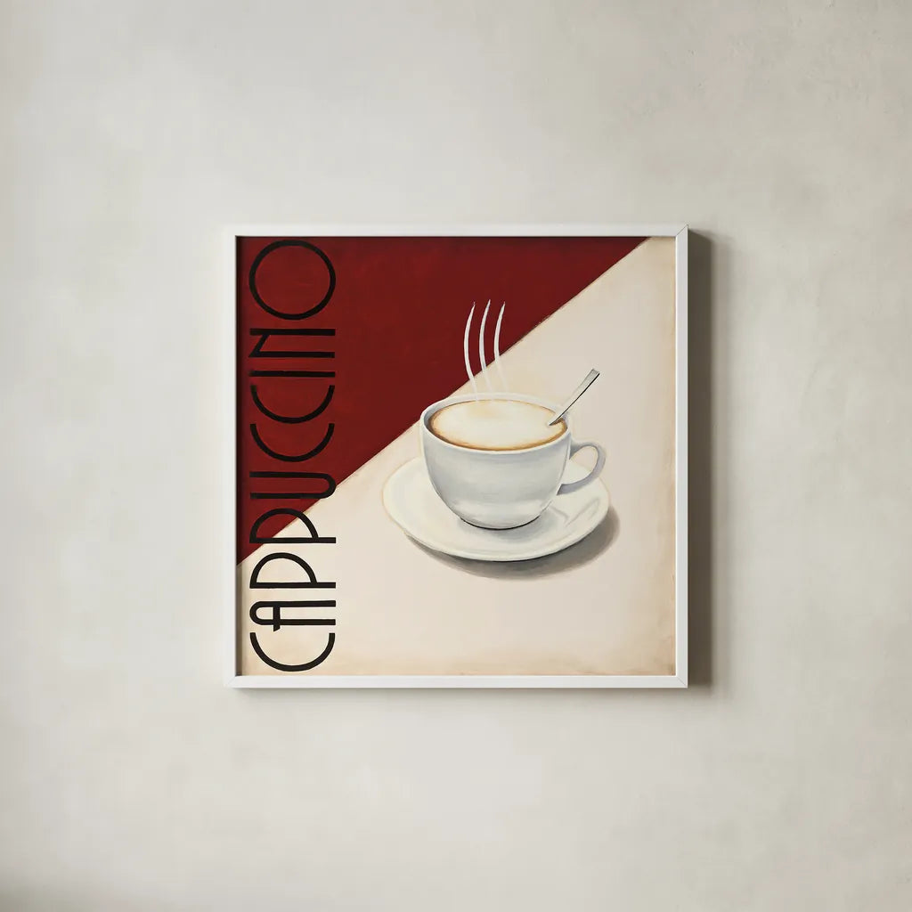 Cafe Moderne II by Marco Fabiano. Shown in a crisp white glass frame for a clean and minimalist style. Available as an archival giclee rolled canvas, fine art paper, or poster print. SKU 10658a.