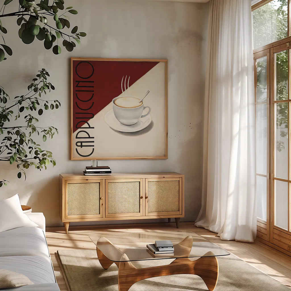 Cafe Moderne II by Marco Fabiano. Shown in a natural wood frame in a cozy modern living room. Available as an archival giclee rolled canvas, fine art paper, or poster print. SKU 10658a.