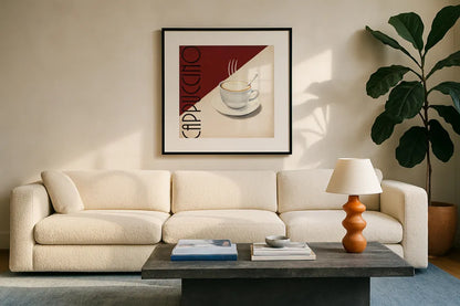 Cafe Moderne II by Marco Fabiano. Displayed in a glass frame with matte in a clean modern living room. Available as an archival giclee rolled canvas, fine art paper, or poster print. SKU 10658a.