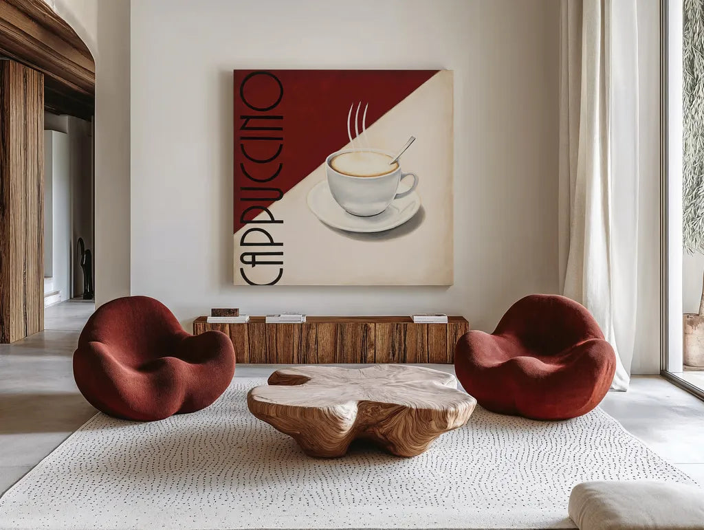 Cafe Moderne II by Marco Fabiano. Shown as extra-large giant wall art in a modern living room. Available as an archival giclee rolled canvas, fine art paper, or poster print. SKU 10658a.