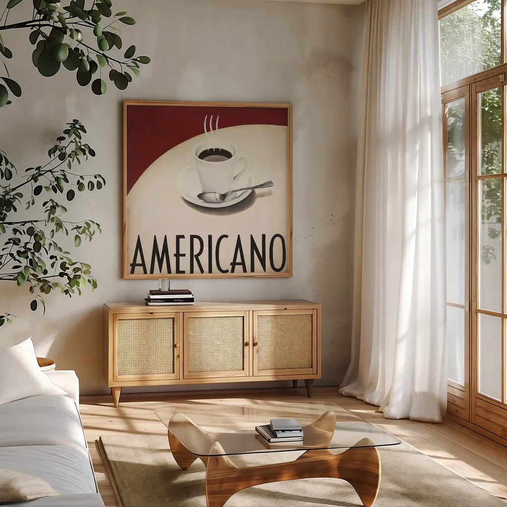 Cafe Moderne III by Marco Fabiano. Shown in a natural wood frame in a cozy modern living room. Available as an archival giclee rolled canvas, fine art paper, or poster print. SKU 10659a.