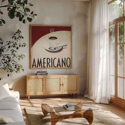 Cafe Moderne III by Marco Fabiano. Shown in a natural wood frame in a cozy modern living room. Available as an archival giclee rolled canvas, fine art paper, or poster print. SKU 10659a.