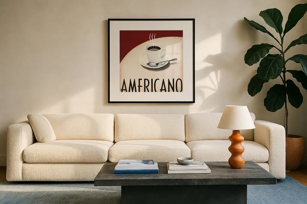 Cafe Moderne III by Marco Fabiano. Displayed in a glass frame with matte in a clean modern living room. Available as an archival giclee rolled canvas, fine art paper, or poster print. SKU 10659a.