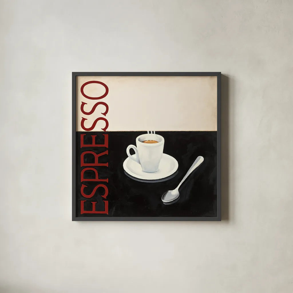 Cafe Moderne IV by Marco Fabiano. Shown in a sleek black glass frame for a contemporary gallery look. Available as an archival giclee rolled canvas, fine art paper, or poster print. SKU 10660a.