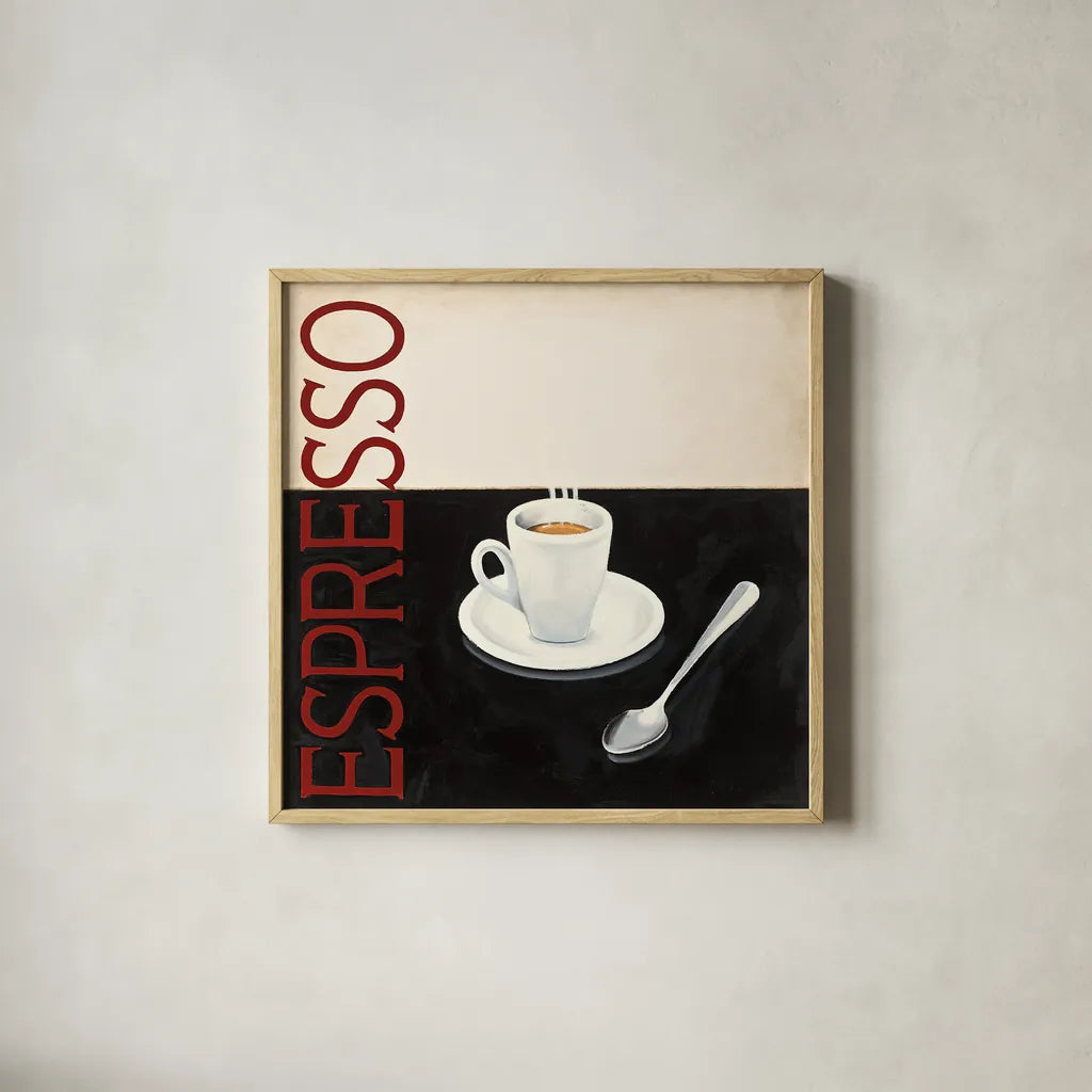 Cafe Moderne IV by Marco Fabiano. Shown in a natural wood glass frame for a timeless modern aesthetic. Available as an archival giclee rolled canvas, fine art paper, or poster print. SKU 10660a.