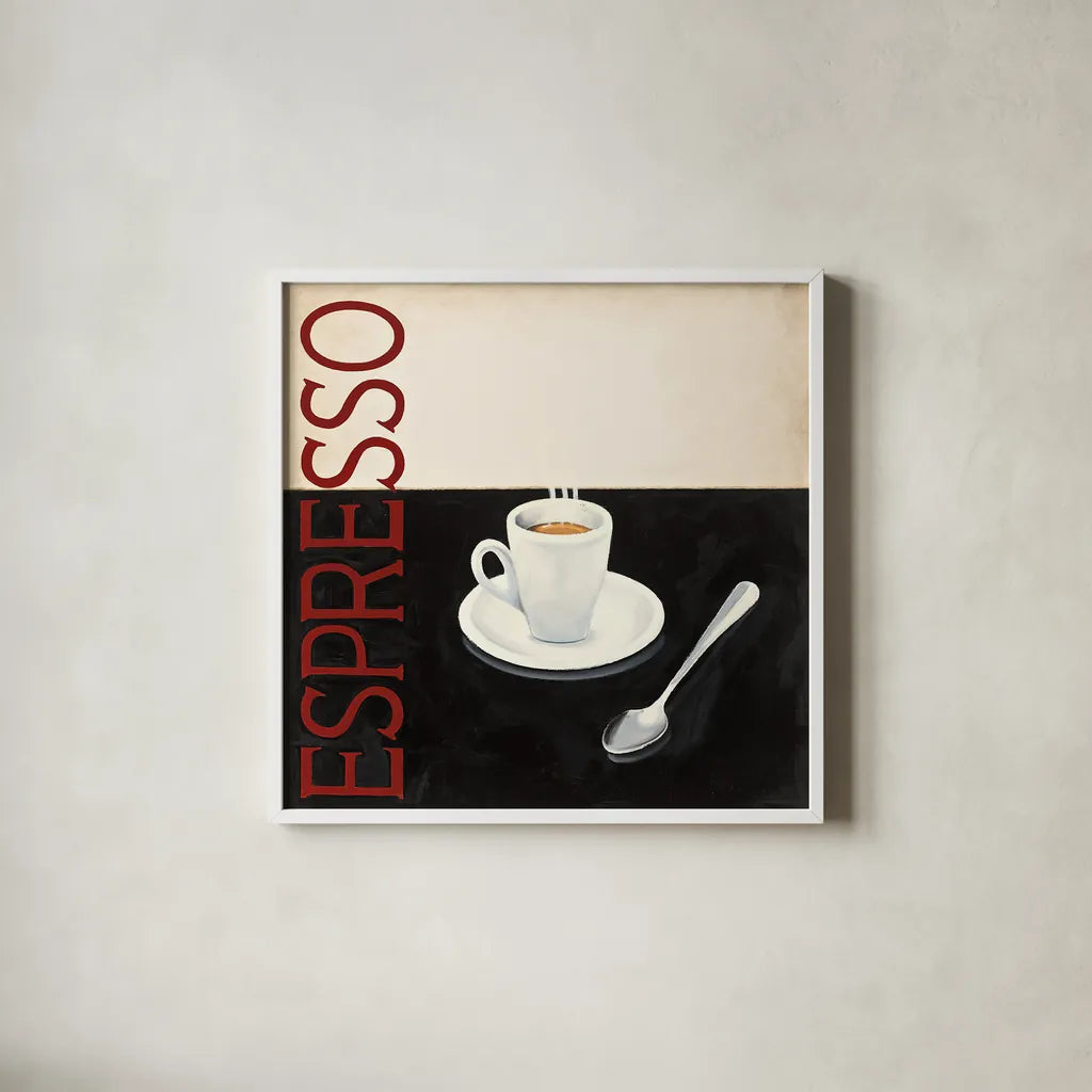 Cafe Moderne IV by Marco Fabiano. Shown in a crisp white glass frame for a clean and minimalist style. Available as an archival giclee rolled canvas, fine art paper, or poster print. SKU 10660a.