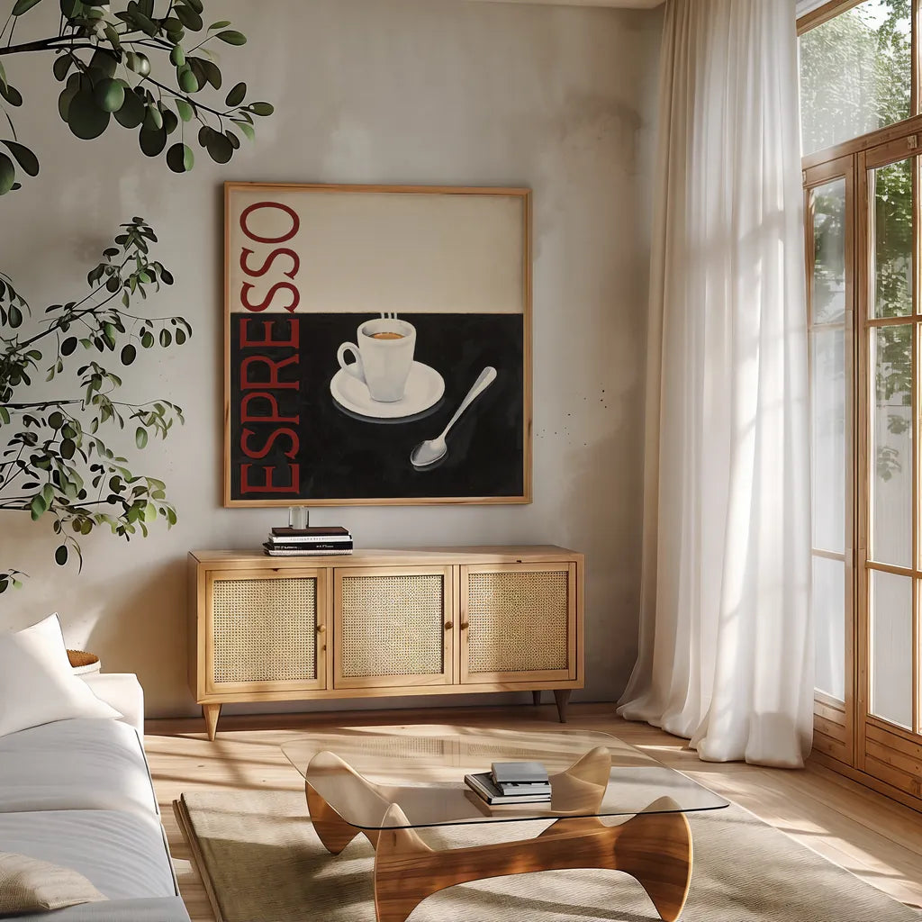 Cafe Moderne IV by Marco Fabiano. Shown in a natural wood frame in a cozy modern living room. Available as an archival giclee rolled canvas, fine art paper, or poster print. SKU 10660a.