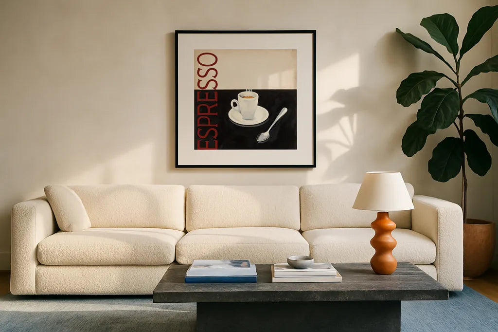 Cafe Moderne IV by Marco Fabiano. Displayed in a glass frame with matte in a clean modern living room. Available as an archival giclee rolled canvas, fine art paper, or poster print. SKU 10660a.