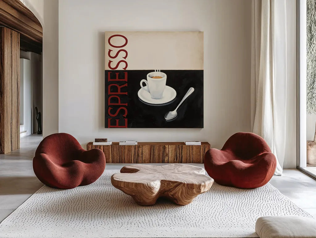 Cafe Moderne IV by Marco Fabiano. Shown as extra-large giant wall art in a modern living room. Available as an archival giclee rolled canvas, fine art paper, or poster print. SKU 10660a.