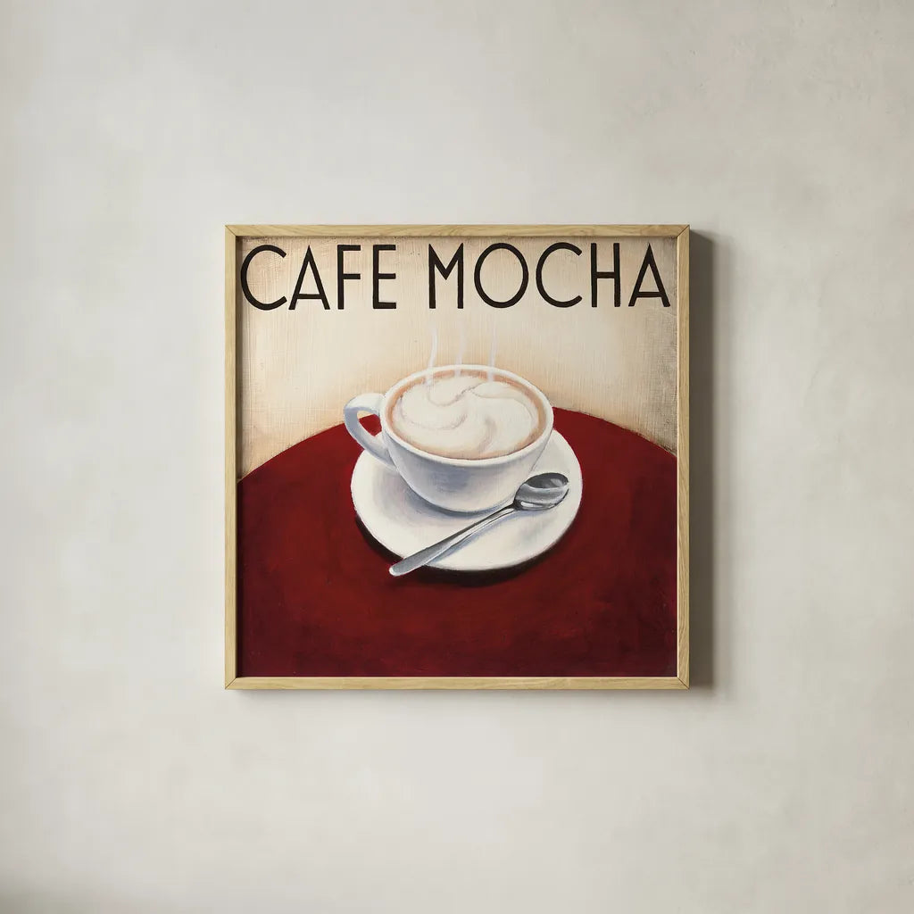 Cafe Moderne V by Marco Fabiano. Shown in a natural wood glass frame for a timeless modern aesthetic. Available as an archival giclee rolled canvas, fine art paper, or poster print. SKU 16247a.
