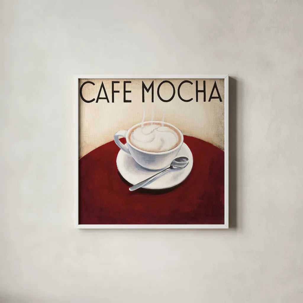 Cafe Moderne V by Marco Fabiano. Shown in a crisp white glass frame for a clean and minimalist style. Available as an archival giclee rolled canvas, fine art paper, or poster print. SKU 16247a.