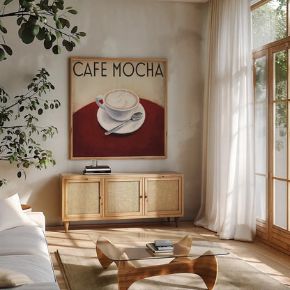 Cafe Moderne V by Marco Fabiano. Shown in a natural wood frame in a cozy modern living room. Available as an archival giclee rolled canvas, fine art paper, or poster print. SKU 16247a.