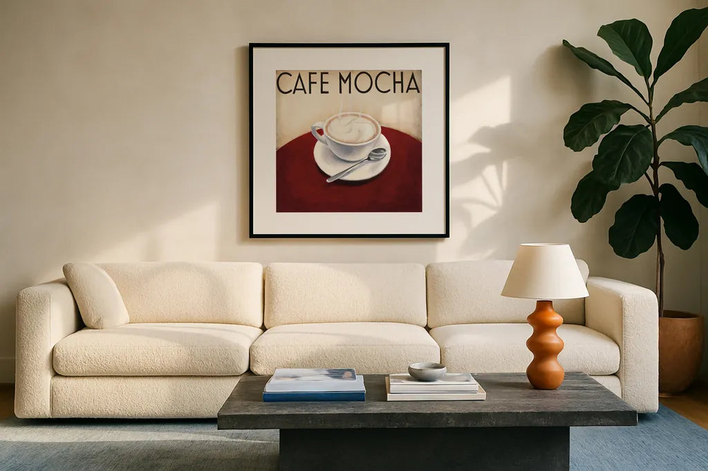 Cafe Moderne V by Marco Fabiano. Displayed in a glass frame with matte in a clean modern living room. Available as an archival giclee rolled canvas, fine art paper, or poster print. SKU 16247a.