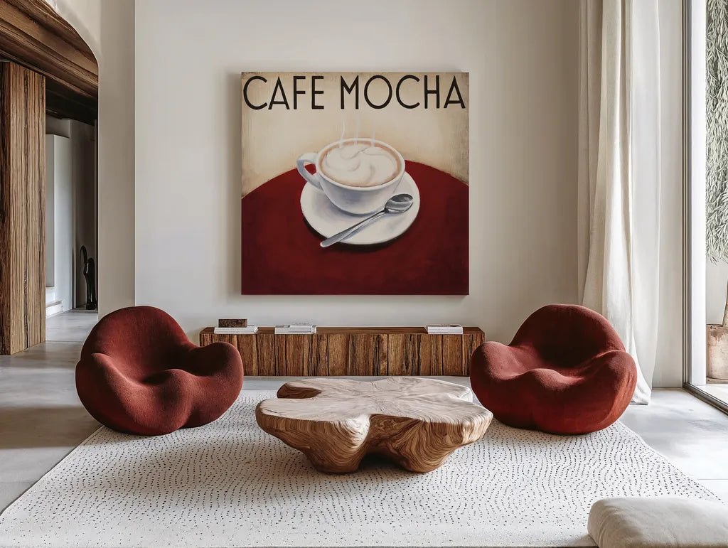 Cafe Moderne V by Marco Fabiano. Shown as extra-large giant wall art in a modern living room. Available as an archival giclee rolled canvas, fine art paper, or poster print. SKU 16247a.