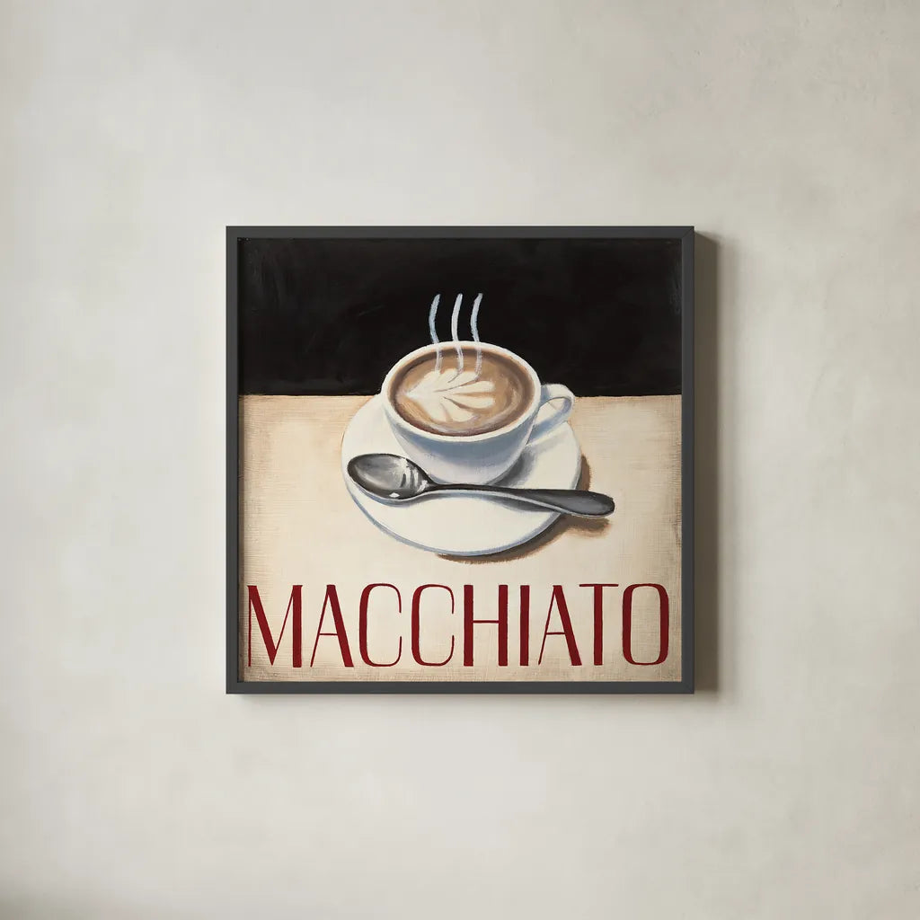 Cafe Moderne VI by Marco Fabiano. Shown in a sleek black glass frame for a contemporary gallery look. Available as an archival giclee rolled canvas, fine art paper, or poster print. SKU 16248a.