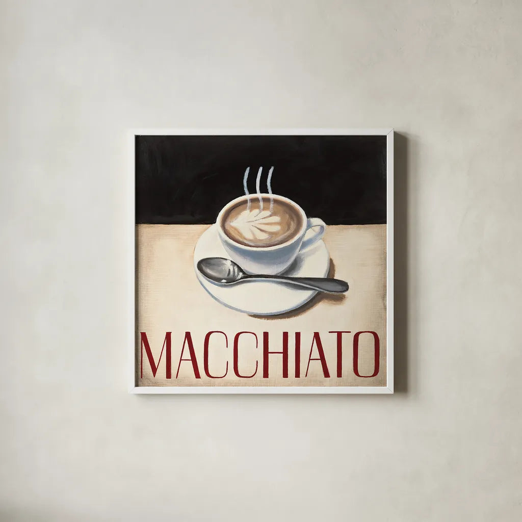 Cafe Moderne VI by Marco Fabiano. Shown in a crisp white glass frame for a clean and minimalist style. Available as an archival giclee rolled canvas, fine art paper, or poster print. SKU 16248a.
